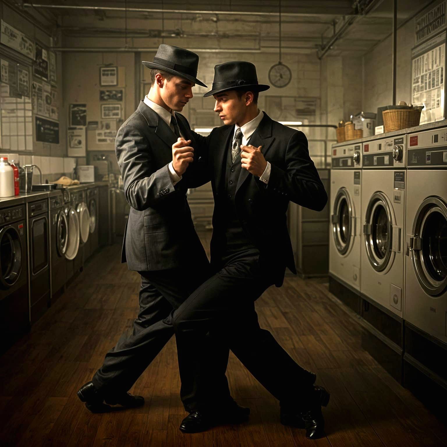 Two Handsome Young Men Tango in a 1920s Laundromat