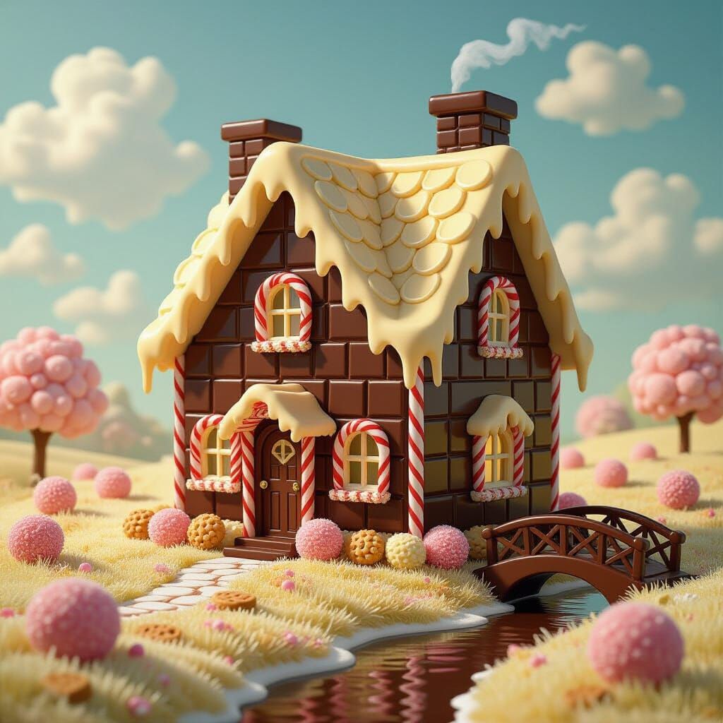 Chocolate House in Candy Meadow, Dreamlike Scene