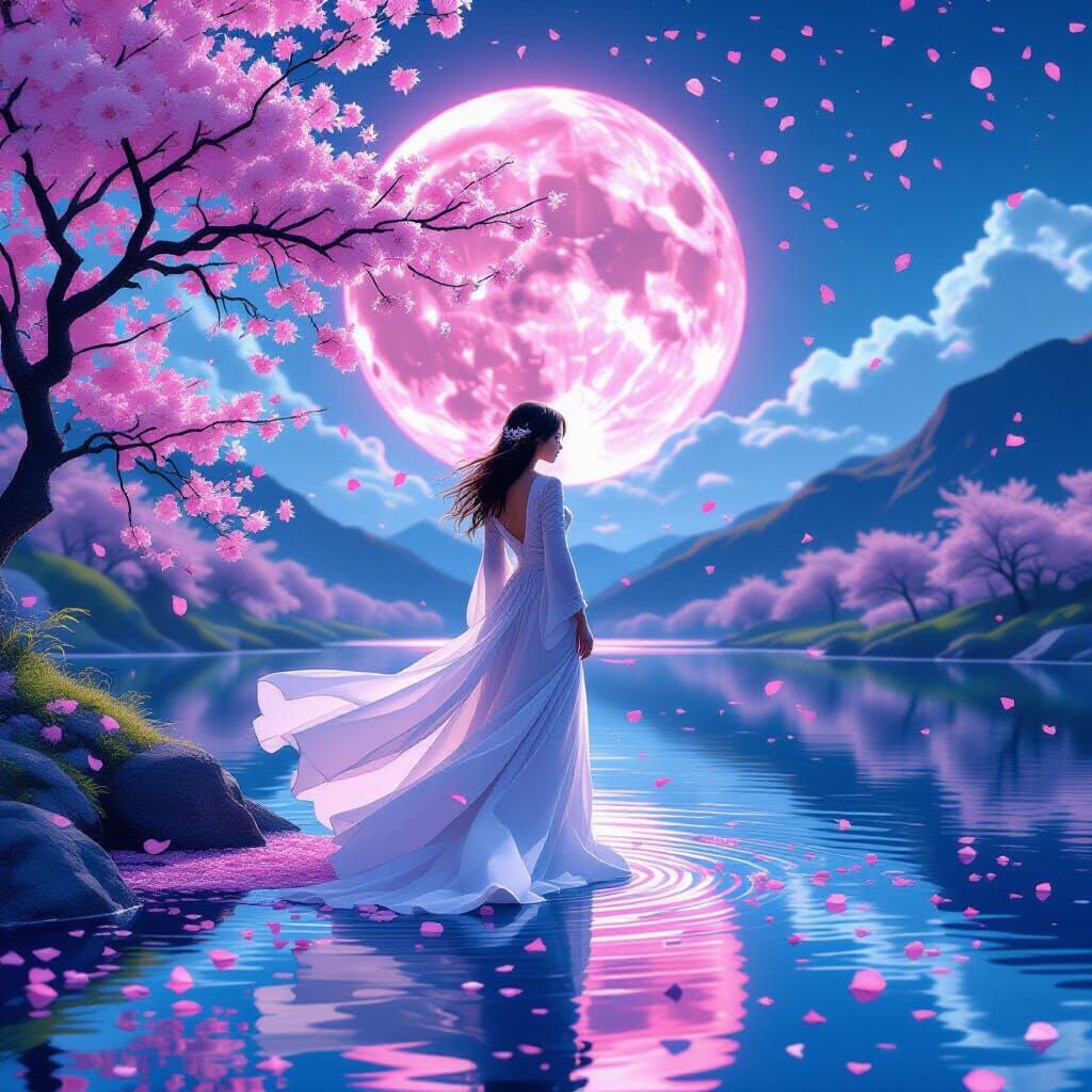 Fantasy Woman in Lake Under Pink Moon