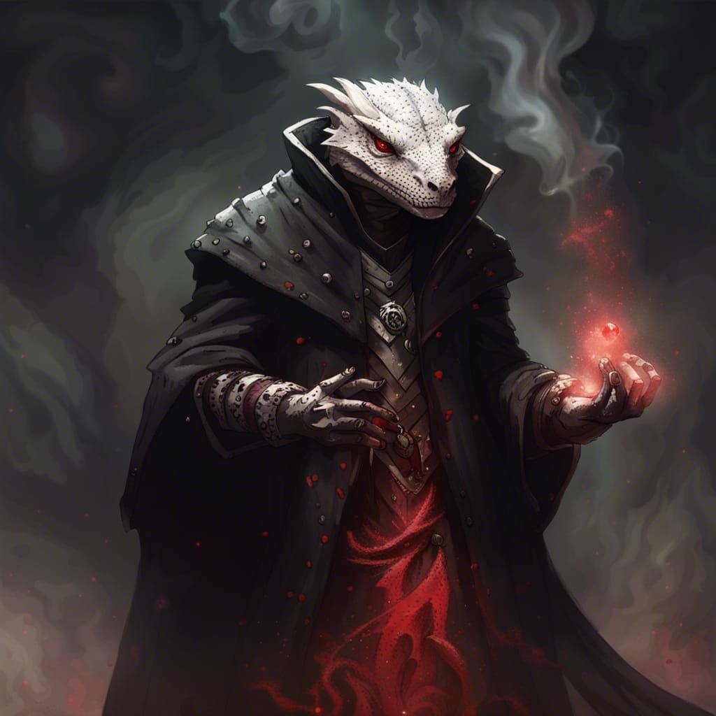 Lizardfolk Wielding Smoking Magic in Black Cloak