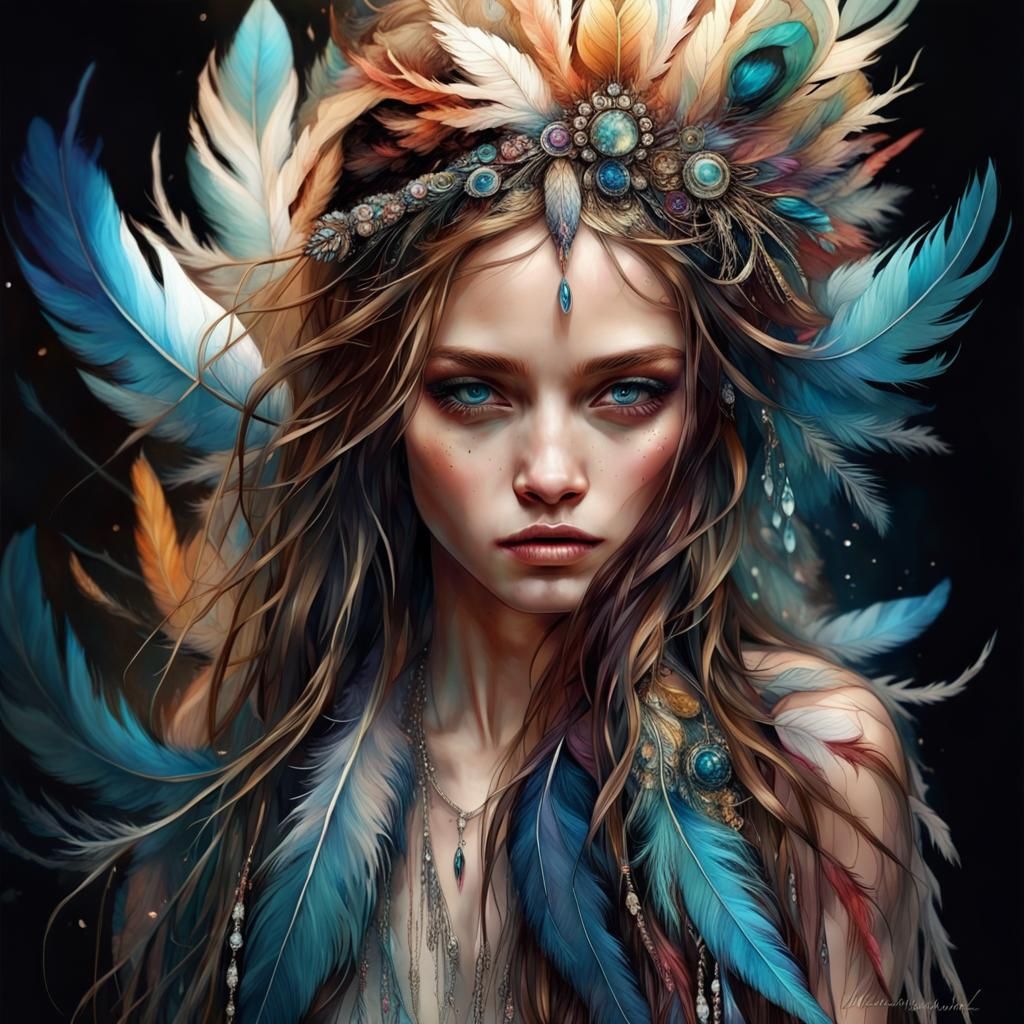 Bohemian Woman Portrait with Feathers and Crystals