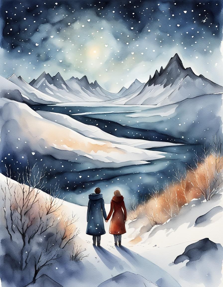 Iceland Winter Scene in Watercolor Storybook Style