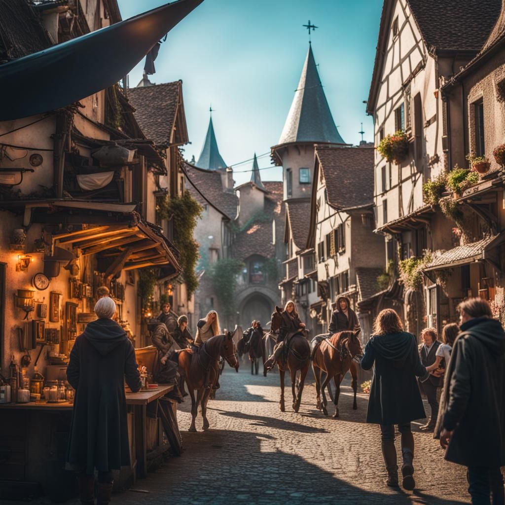 Futurepunk Medieval Village with Spaceship, in Baroque Style