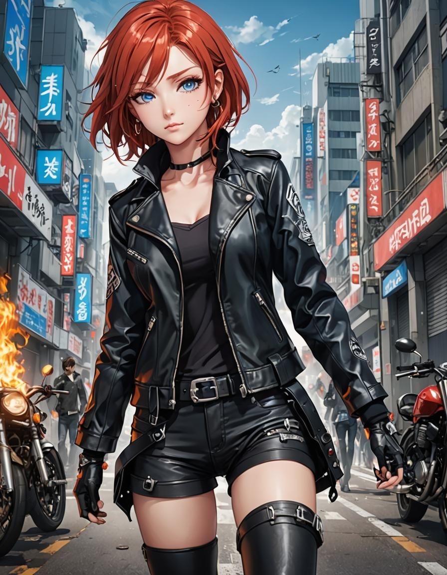 Anime Biker Girl in Cel-Shaded Style
