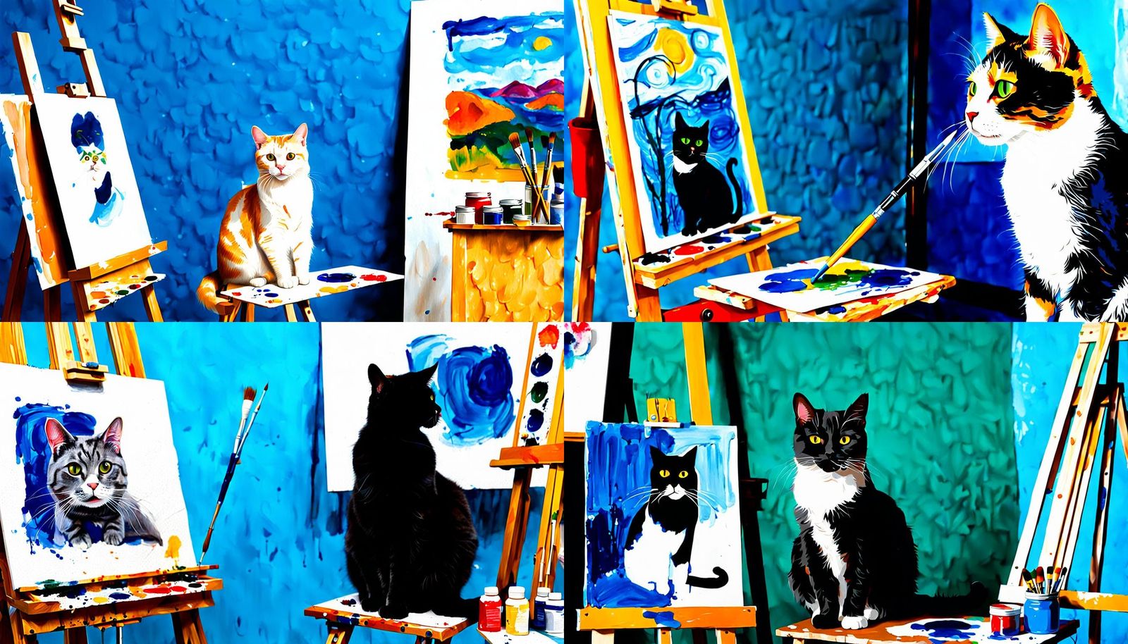 Cat Painting a Self-Portrait at Easel