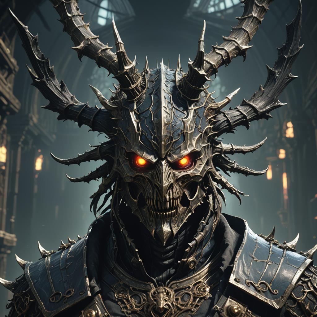 A cyberpunk Dark Souls Bloodborne boss with an Oni mask, in ...