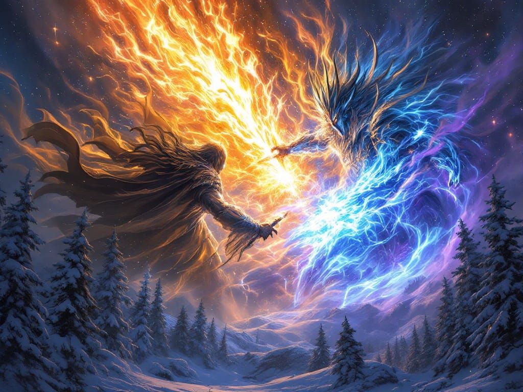 Celestial Battle Between Light and Night Deities