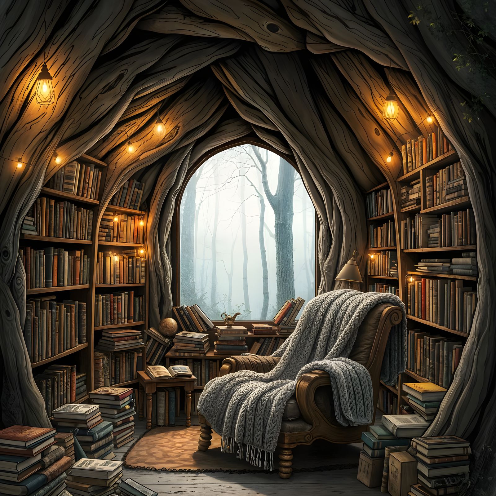 Cozy Reading Nook in Ancient Tree Hollow