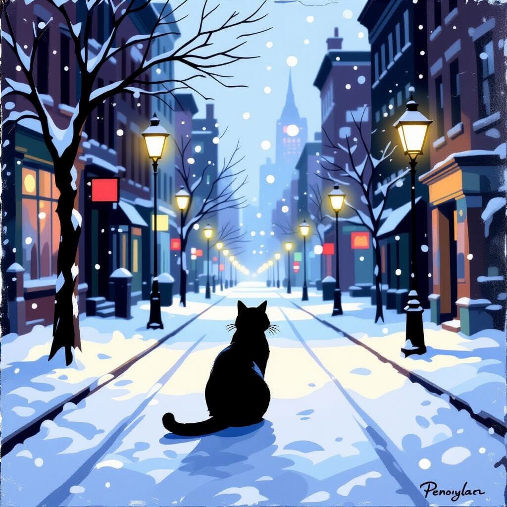 Cat in Snowy City Evening Fantasy Art