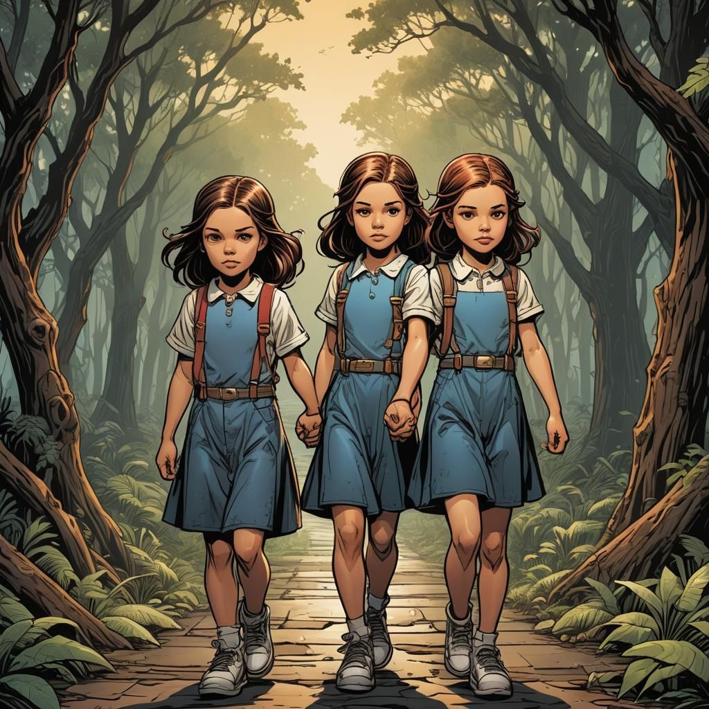 Twin girls holding hands and looking at the camera. Full length view.