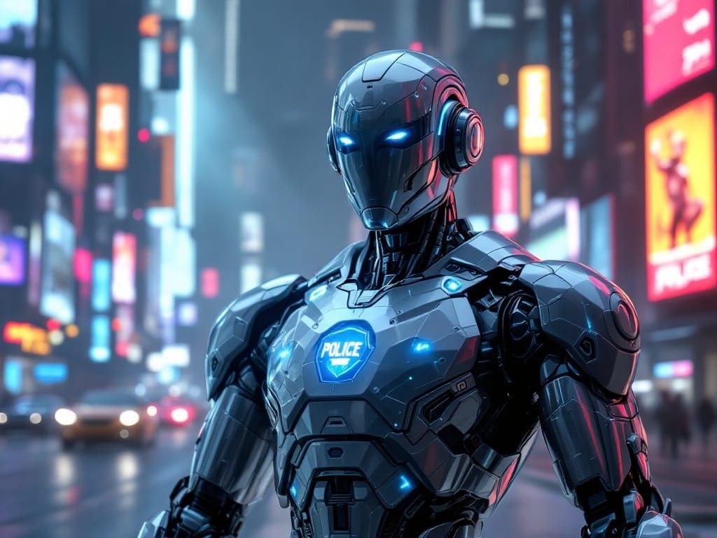 Futuristic Robot Police Officer Directs Traffic in Cyberpunk...