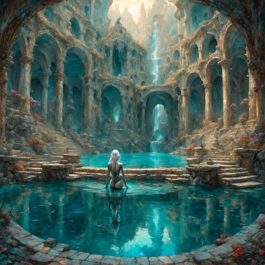 Drow Bathing in Underground Pool, Fantasy Art
