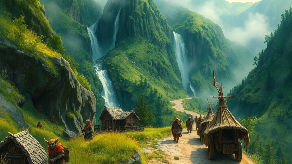 Whimsical Hobgoblin Village in a Lush Green Mountain Pass