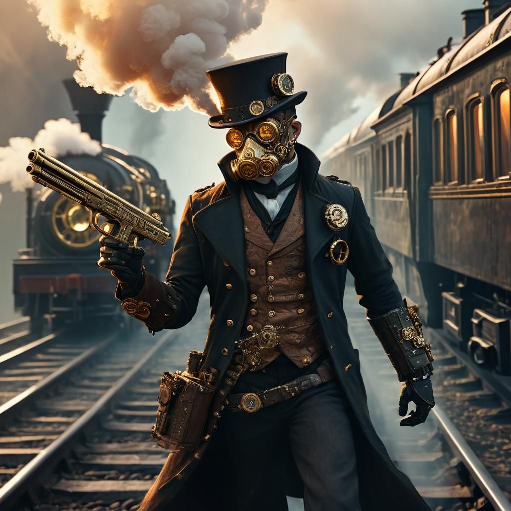 Steampunk Hero on Train in Anime-Inspired 3D Art