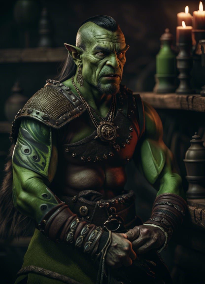 Friendly Orc Merchant Portrait in Dark Fantasy Style