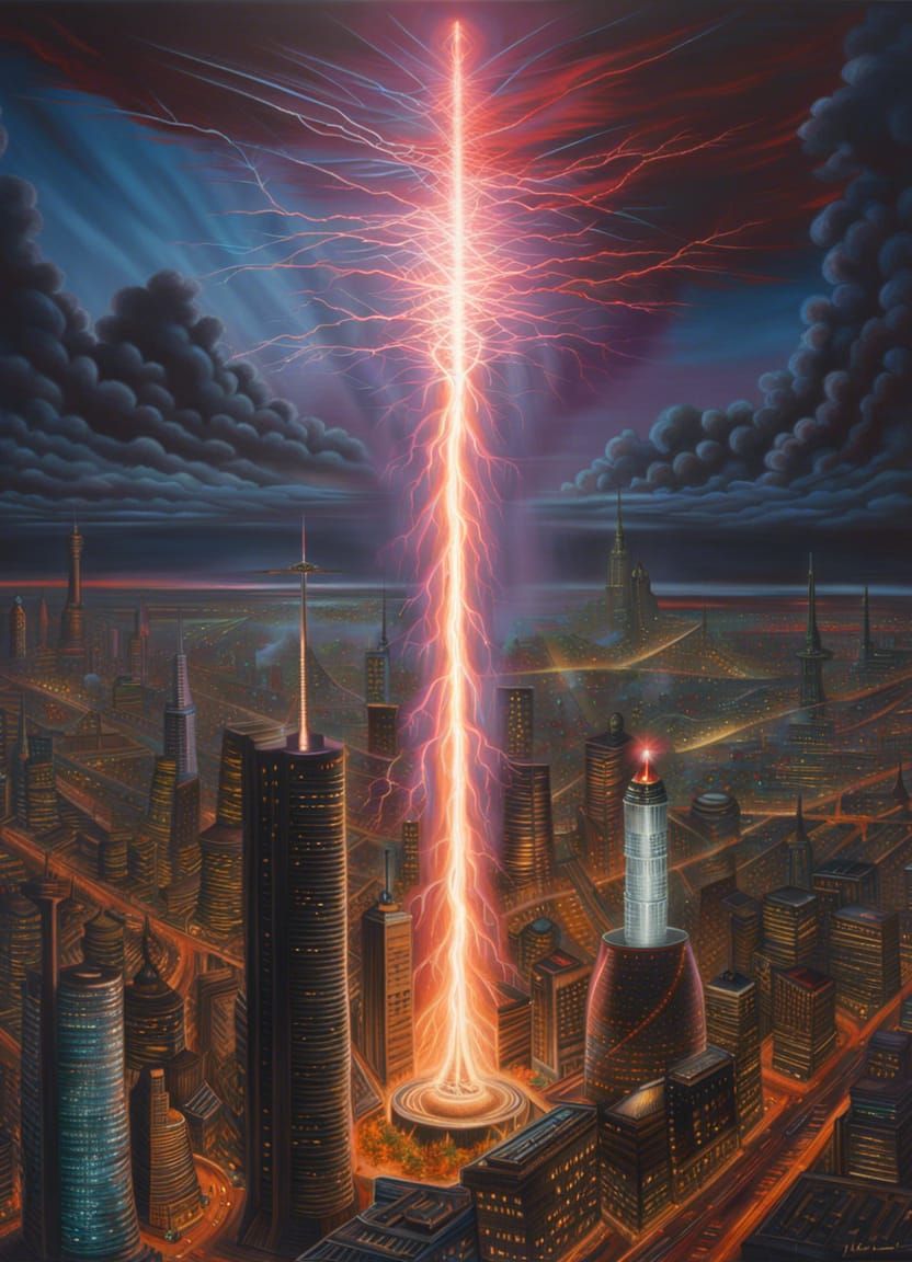Giant Tesla Coil Towers Over City as Painting