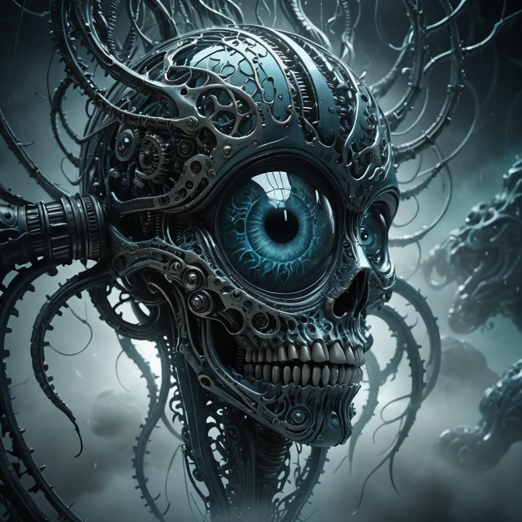 Biomechanical Glass A in Swirling Fog, 3D Render