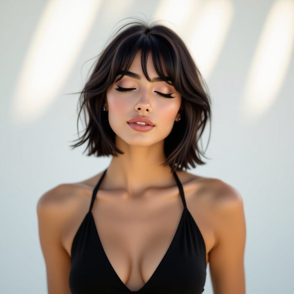 Young Woman Dancing with Eyes Closed in Moody Cinematic Ligh...