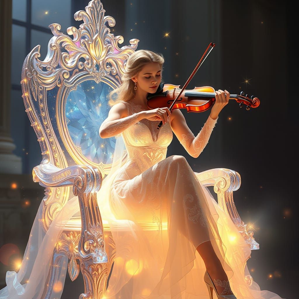 Ethereal Woman Plays Violin in Celestial Light