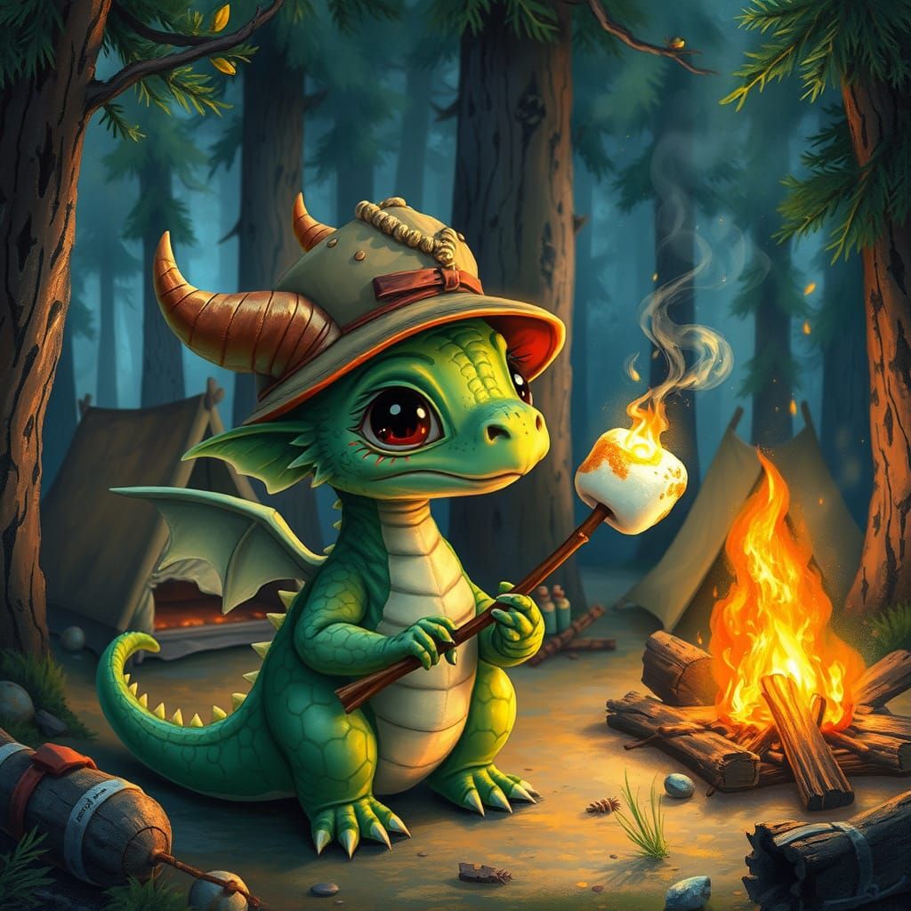 Neon Dragon Camping in Whimsical Oil Painting Forest