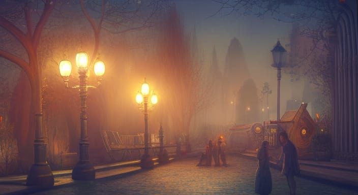 Night Market in Park, Encaustic Style