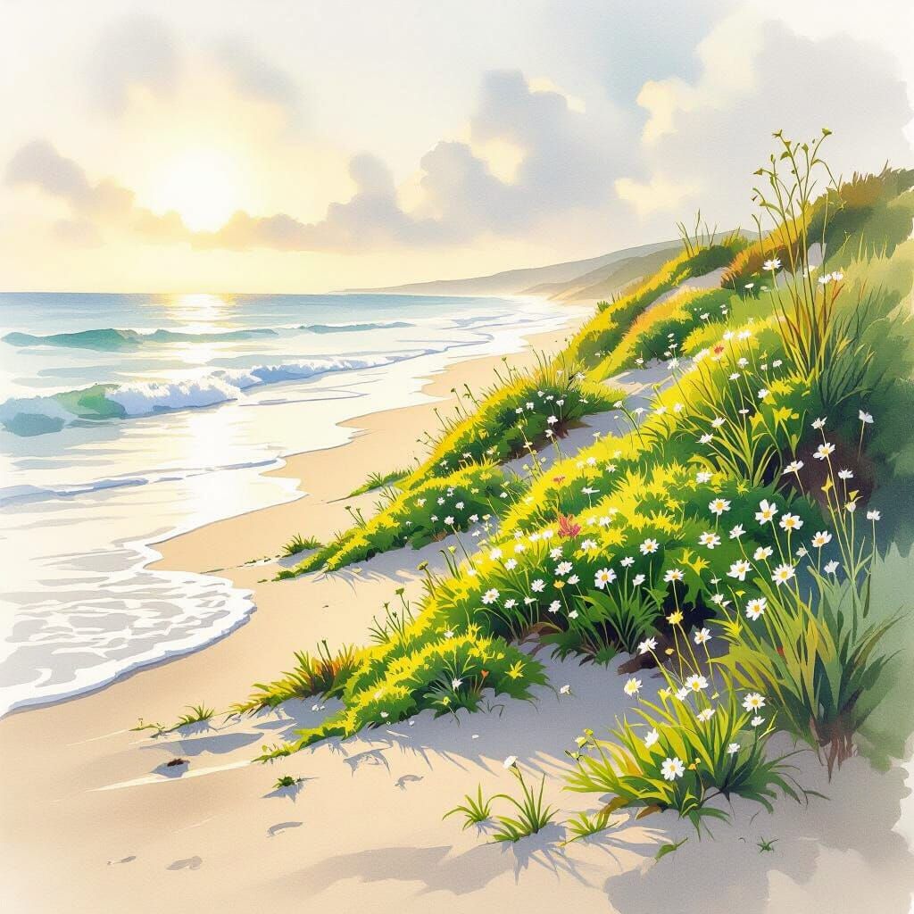 Vibrant Moss and Wildflowers on a Sunlit Beach in Watercolor