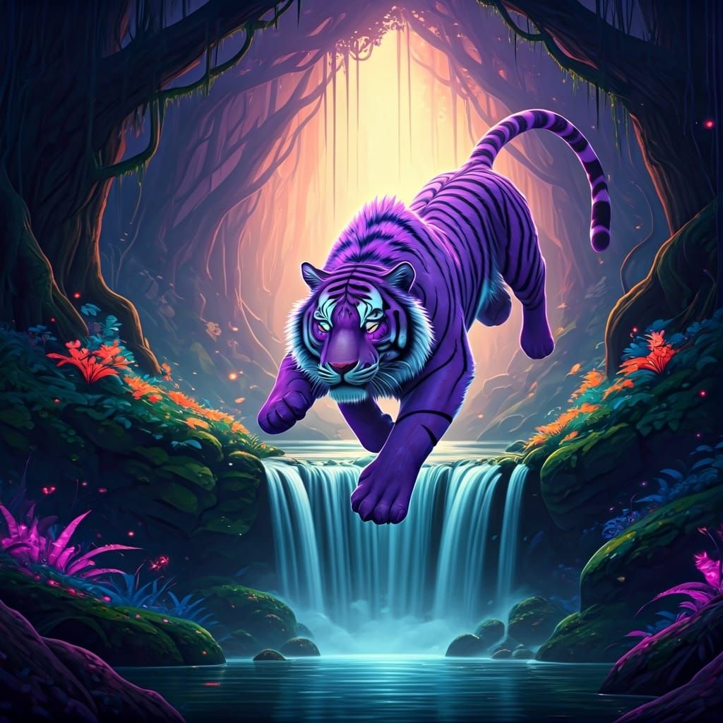 Purple Tiger Leaps in Bioluminescent Forest: Digital Paintin...