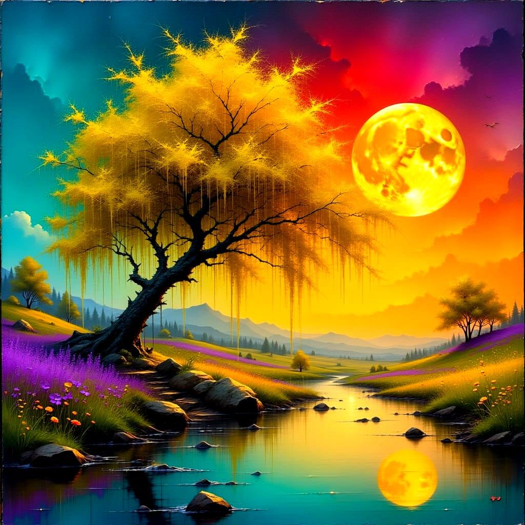 Golden Willow Tree Reflecting Under Moonlight