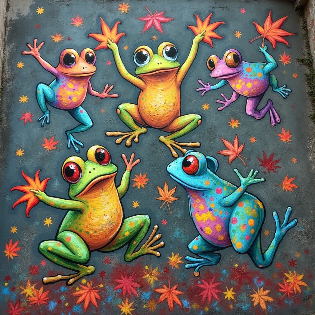 Whimsical Autumn Frogs in Vibrant Street Art