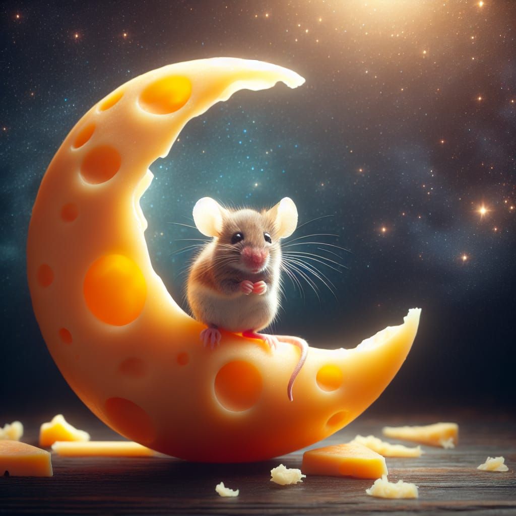 Mouse on Cheese Moon Under Starlit Sky