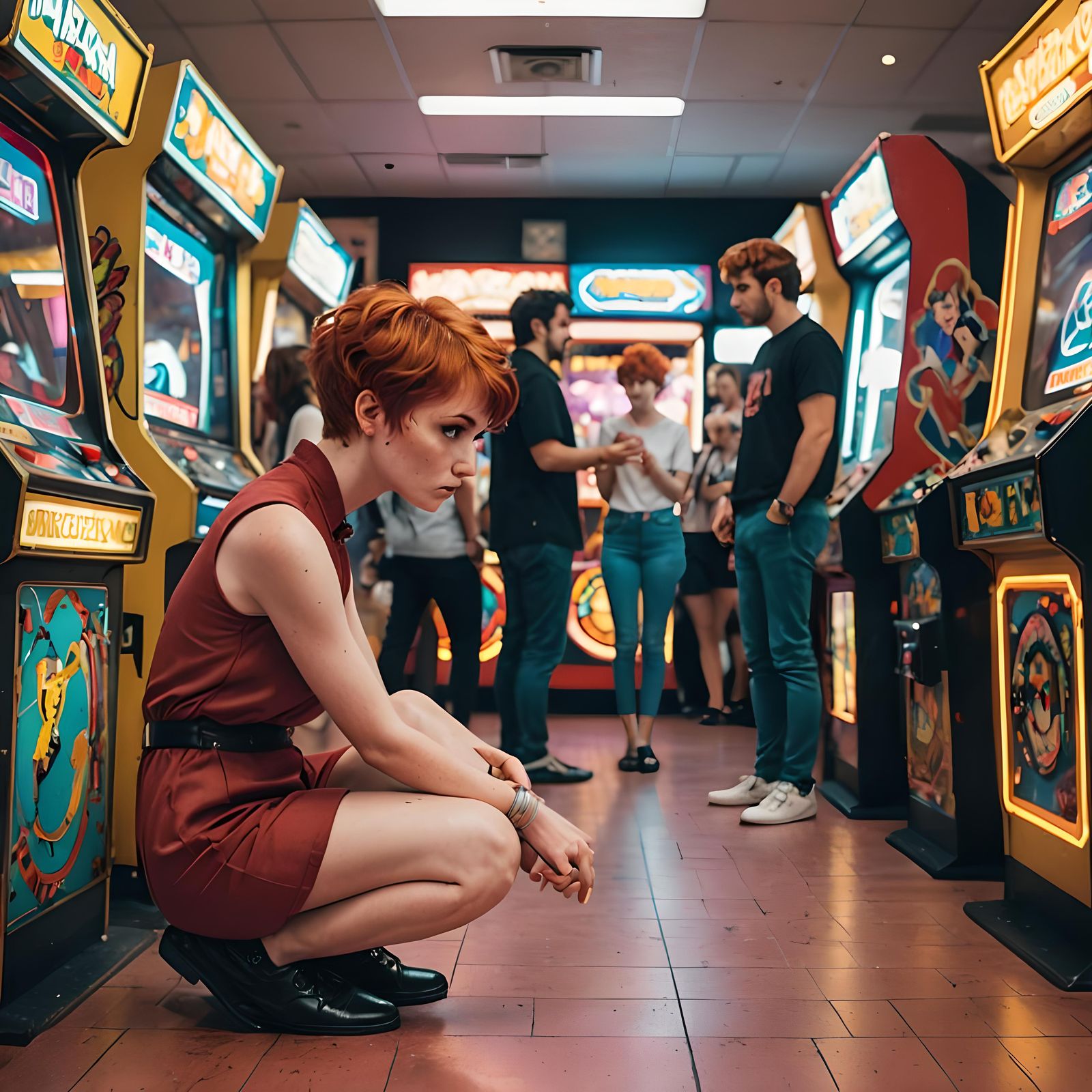Redhead Girl Hypnotized in 80s Arcade