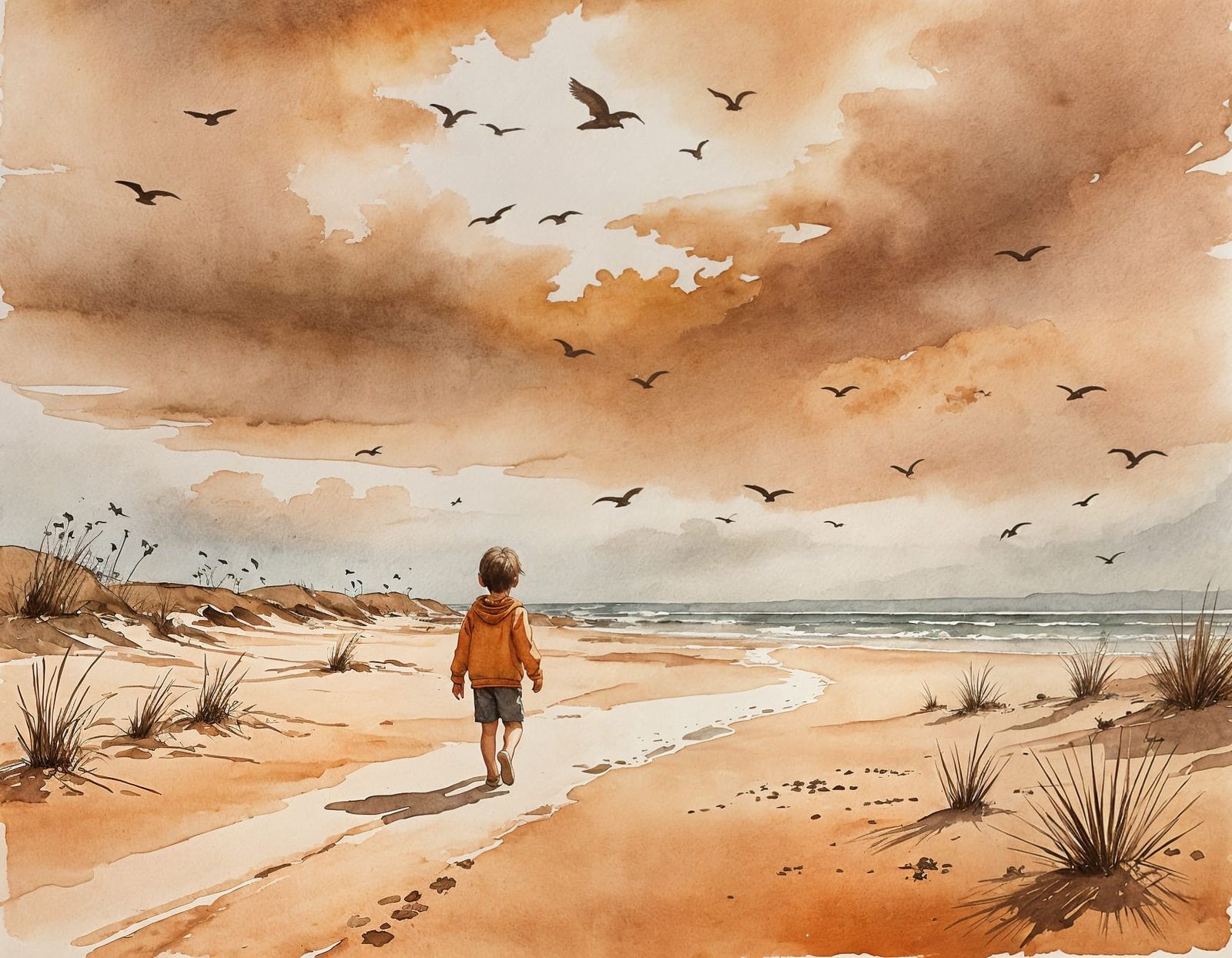 Child Walking on Beach in Watercolor Ink Wash
