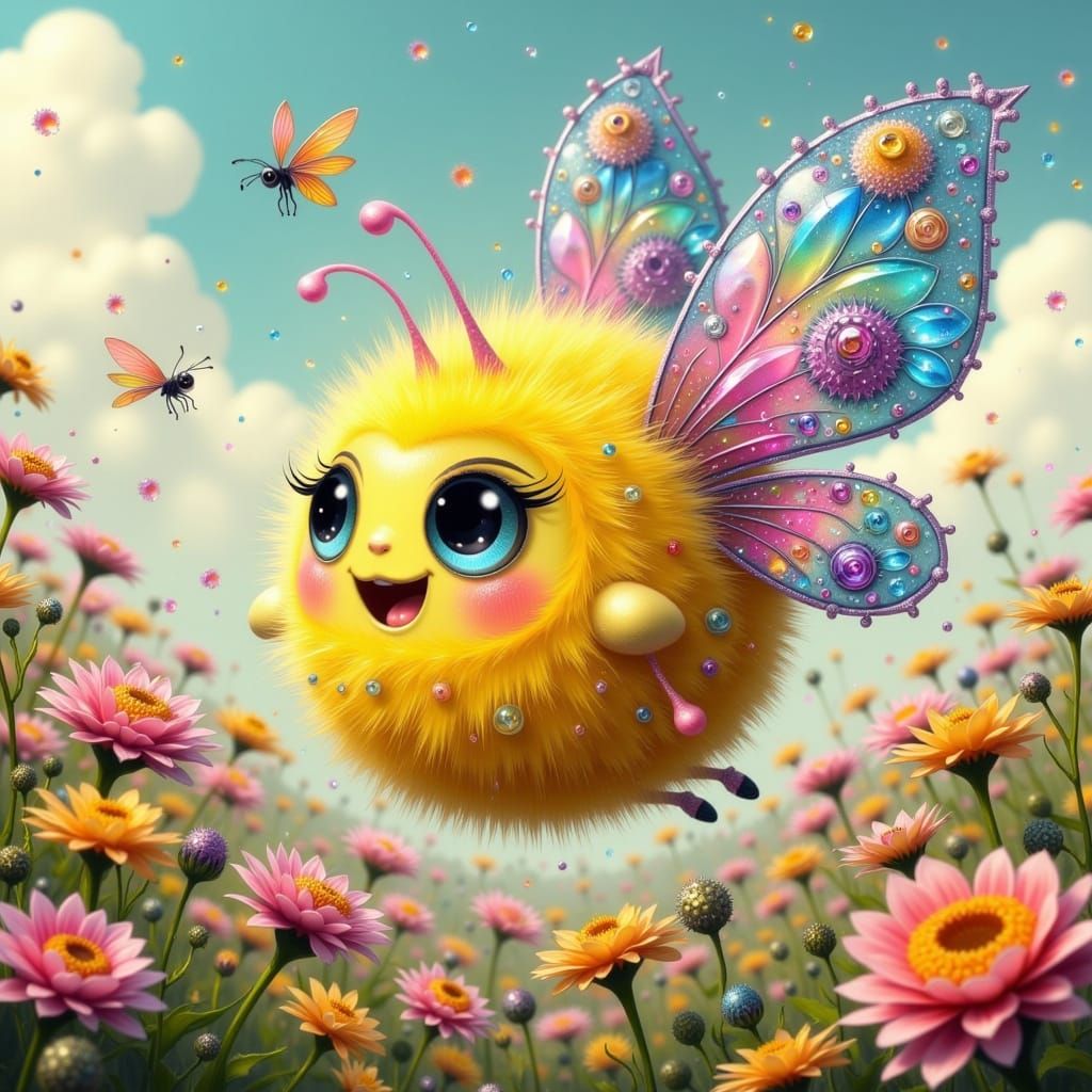 Vibrant Gingham Berry Monster in Whimsical Meadow Scene