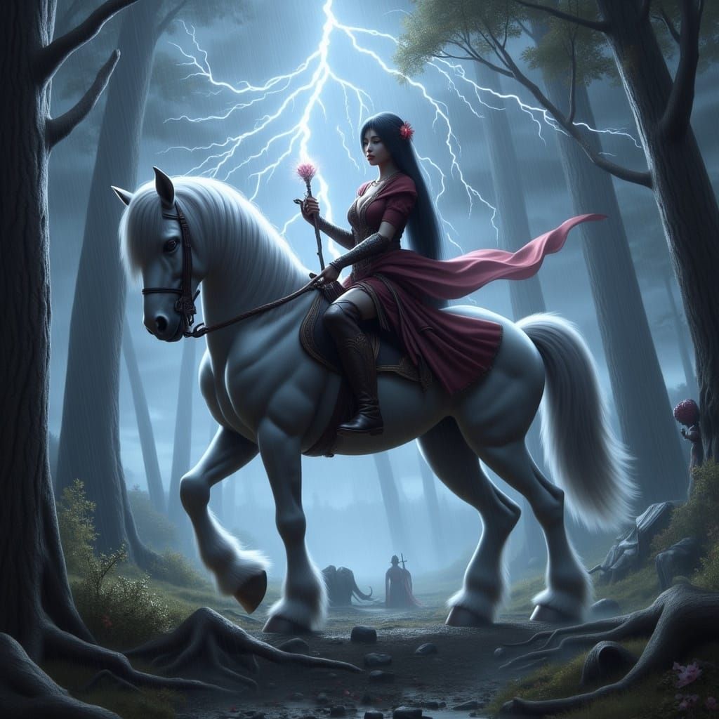 Surreal Anime Goddess Rides Majestic Steed Through Stormy Fo...