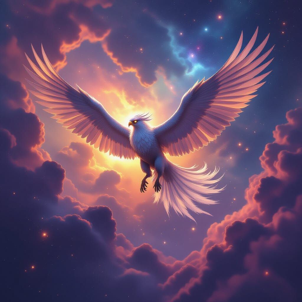 Majestic Griffin Soars Through Cosmic Nebula Sky