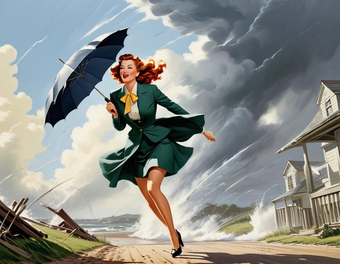 Gusty 1940s Girl Struggles to Keep Her Umbrella