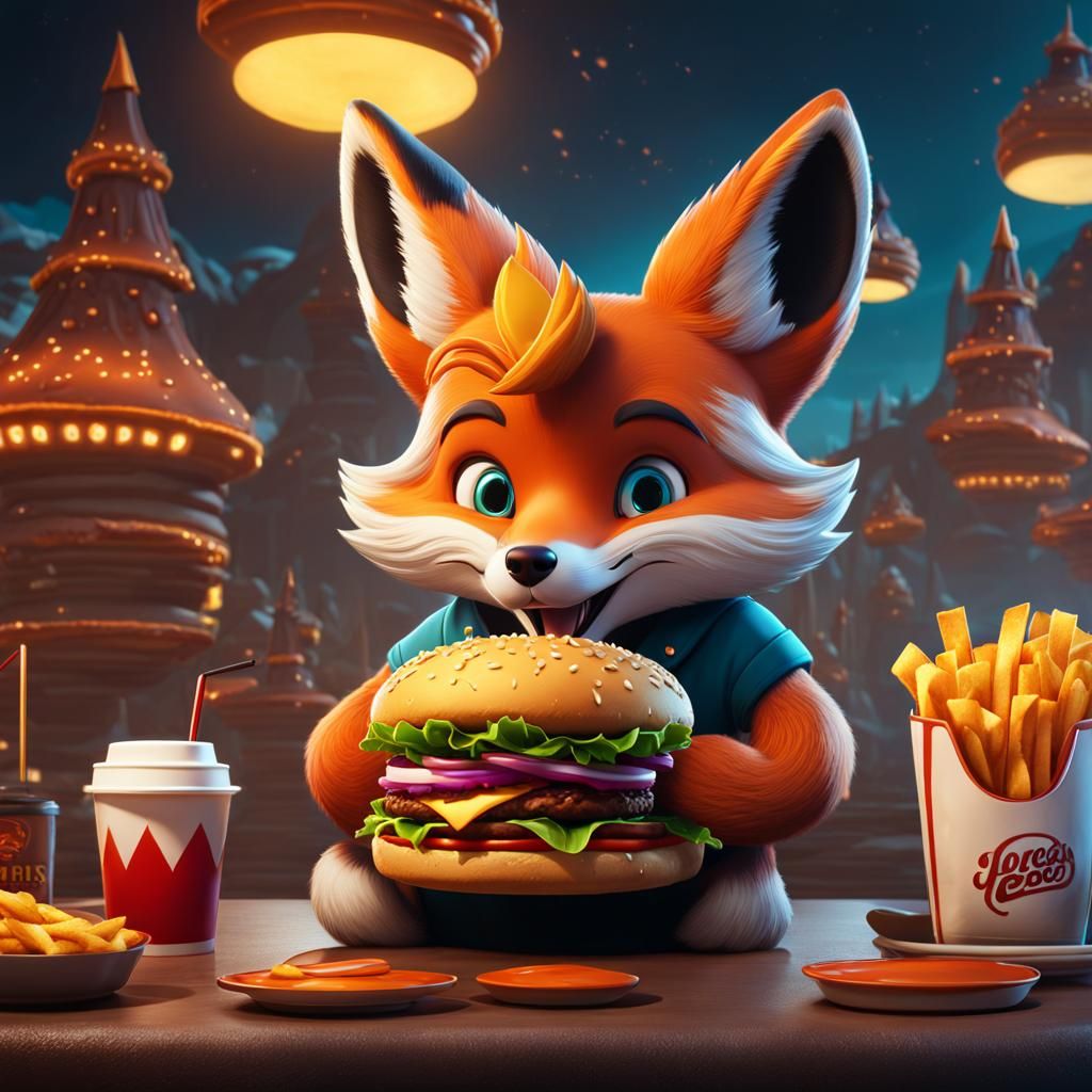 Cartoon Fox Fast Food Logo in Detailed Matte Painting
