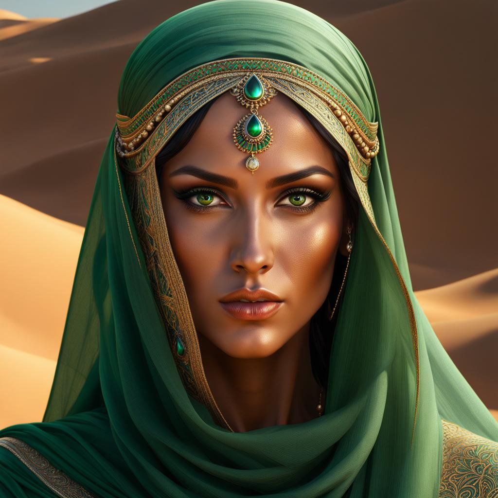 Veiled Arabian Goddess in Desert Landscape