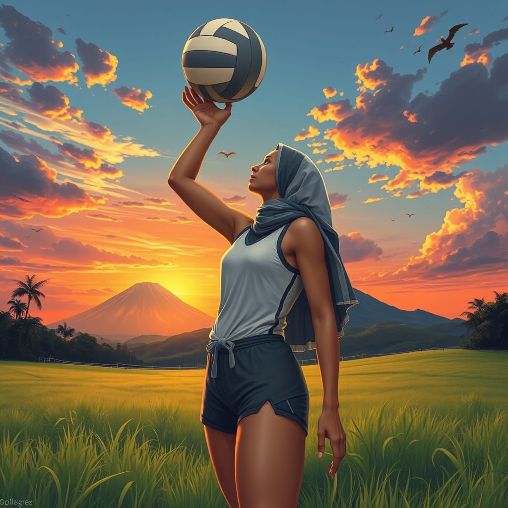 Volleyball Woman in Field with Yin-Yang Symbolism