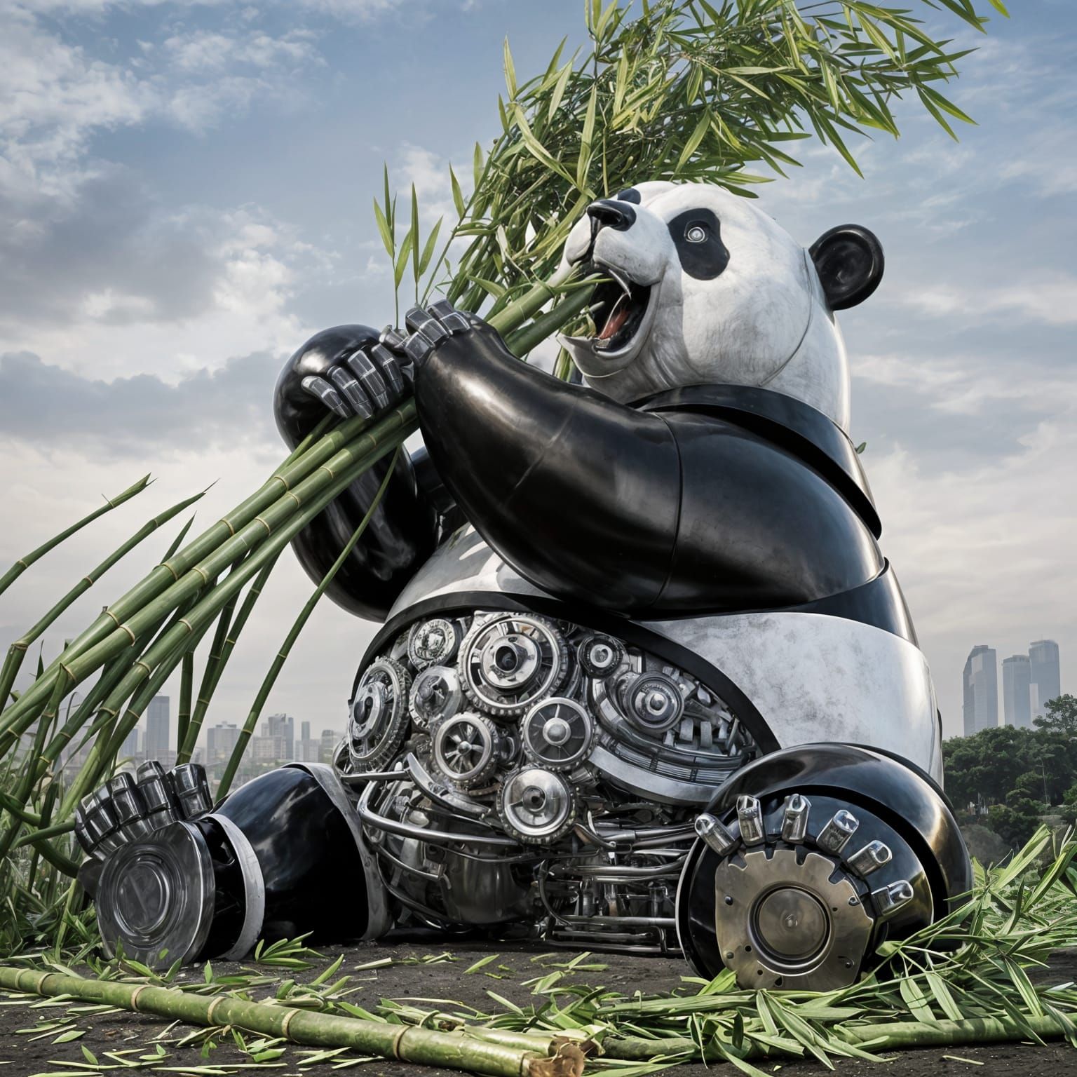 Giant Robot Panda Consuming Bamboo in Cityscape