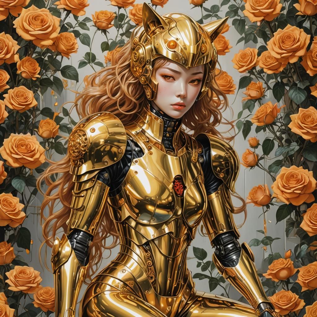 Golden Cyborg Cat-Woman in Sci-Fi Rose Garden