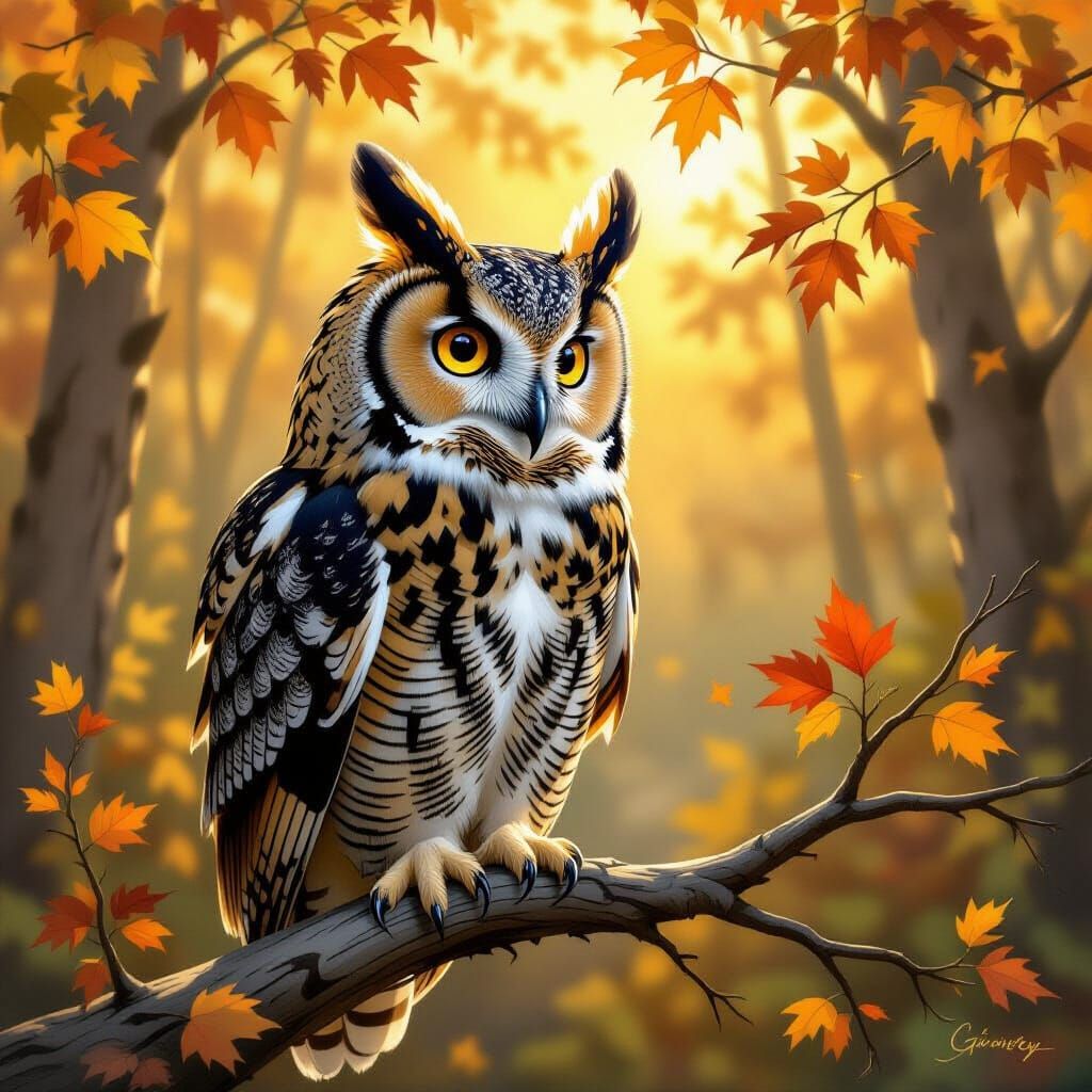 Great Horned Owl in Sunlight, Oil Painting