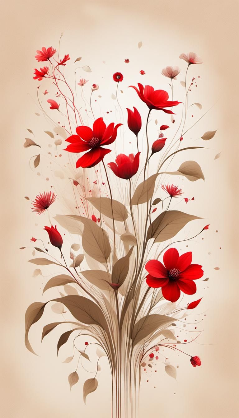 Surreal Floral Abstract: Ethereal Art in Khaki and Red