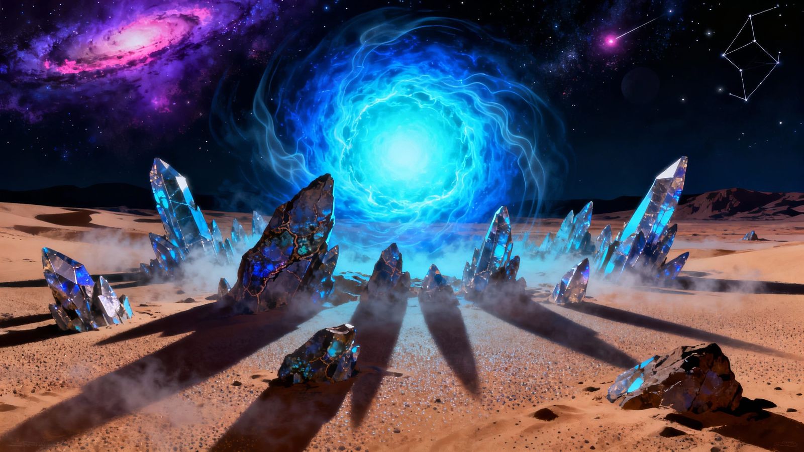 Glowing Blue Portal in Alien Desert Night Sky