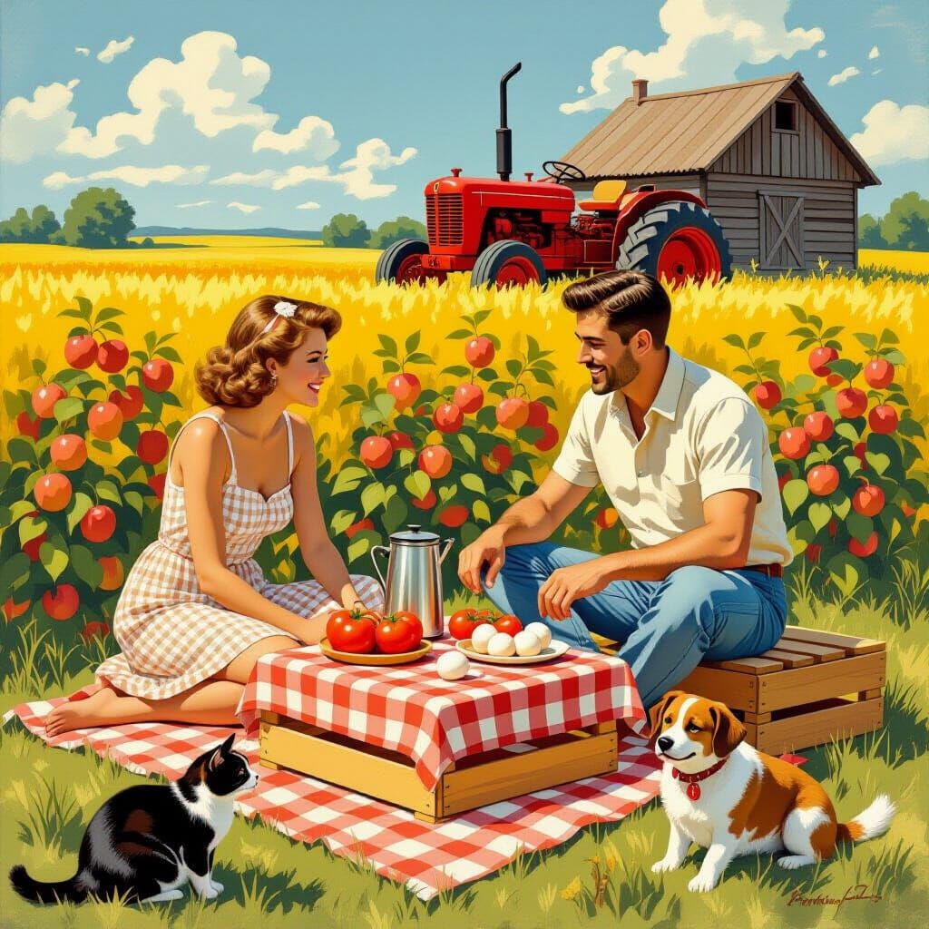 Couple's 1960s Picnic in a Sunlit Peach Field
