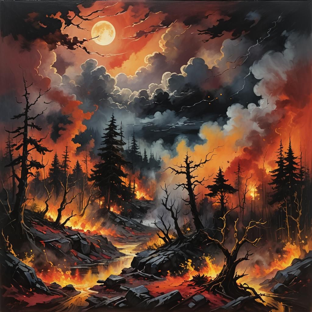 Forest Ablaze Under Crimson Moon: Fantasy Landscape
