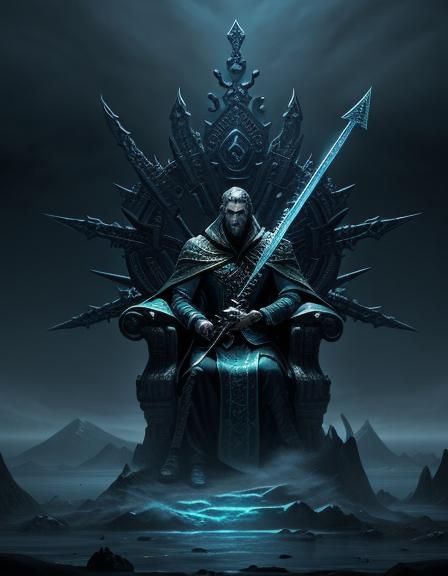 King of Swords on Throne in Misty Mountains