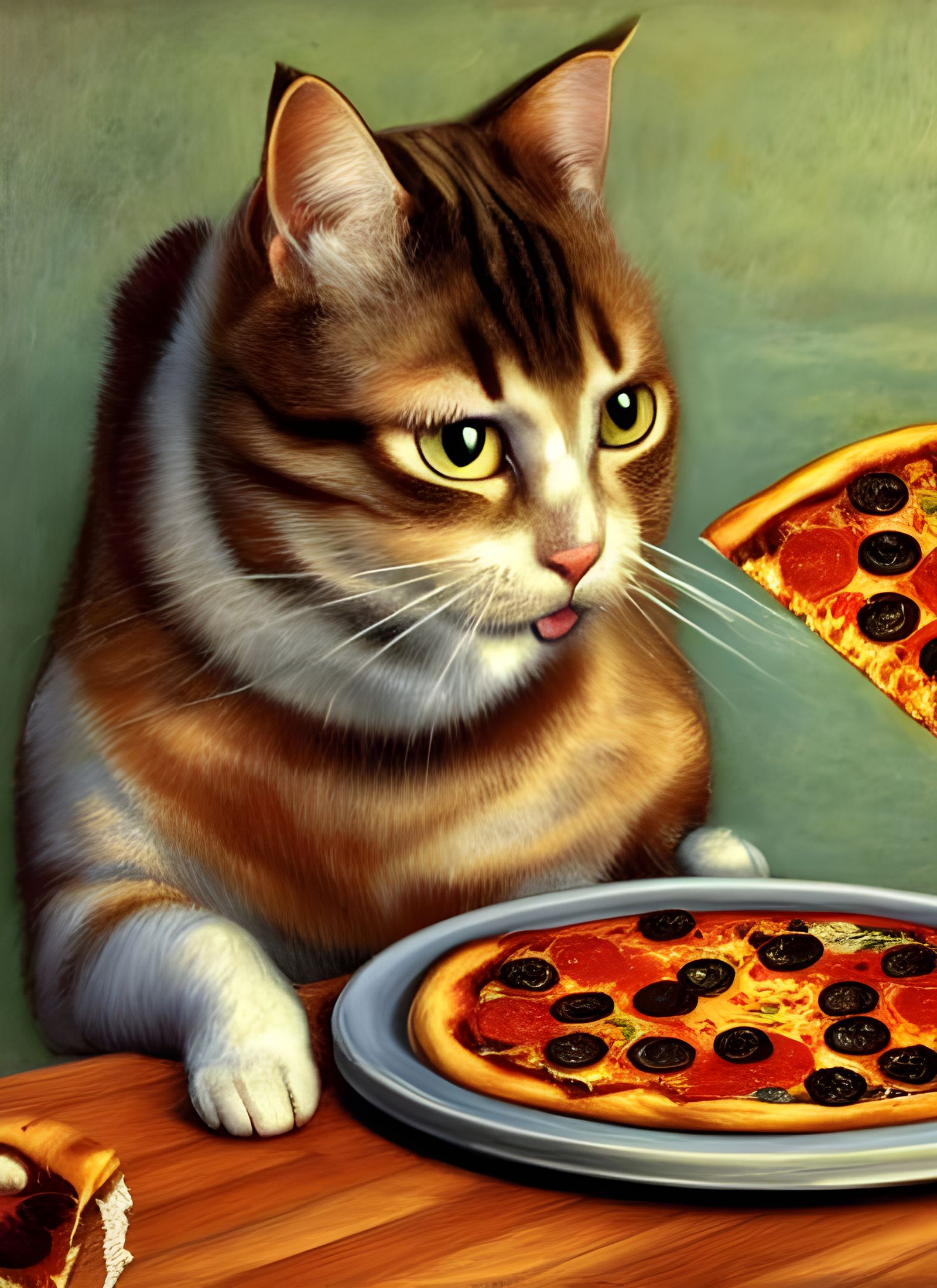 Cat Enjoying Pizza in Surreal Expressionist Style