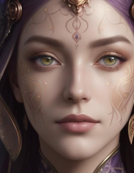 Beautiful surreal portrait of beautiful young lady with copper patterns on her face and Golden patterns on face and rose...