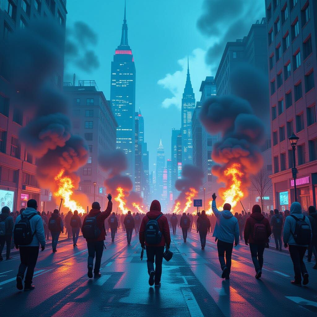 Protesters in Fiery City Amidst Cool Skyscrapers